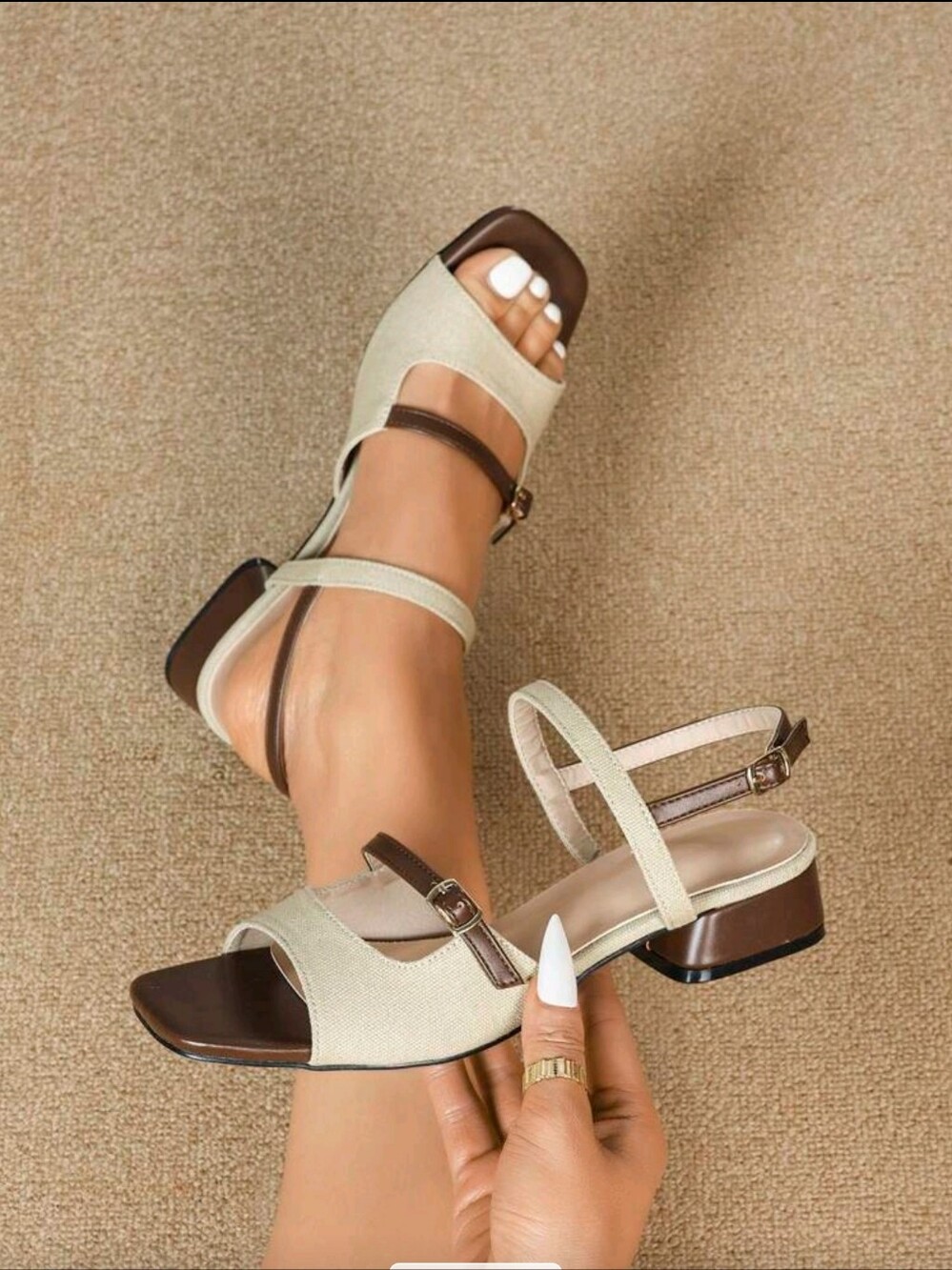 Women’s Beige and Brown Strappy Low Block Heel Sandals. NEW